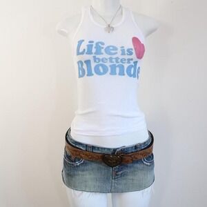 y2k life is better blonde graphic tank white ribbed barbiecore size XS